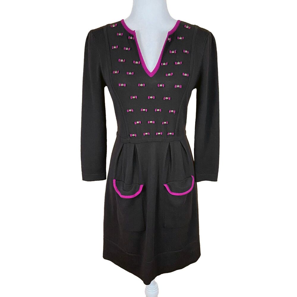 Nanette Lepore Sweater Dress Sz S Brown Merino Wool Pink Bows Studs 3/4 Sleeves